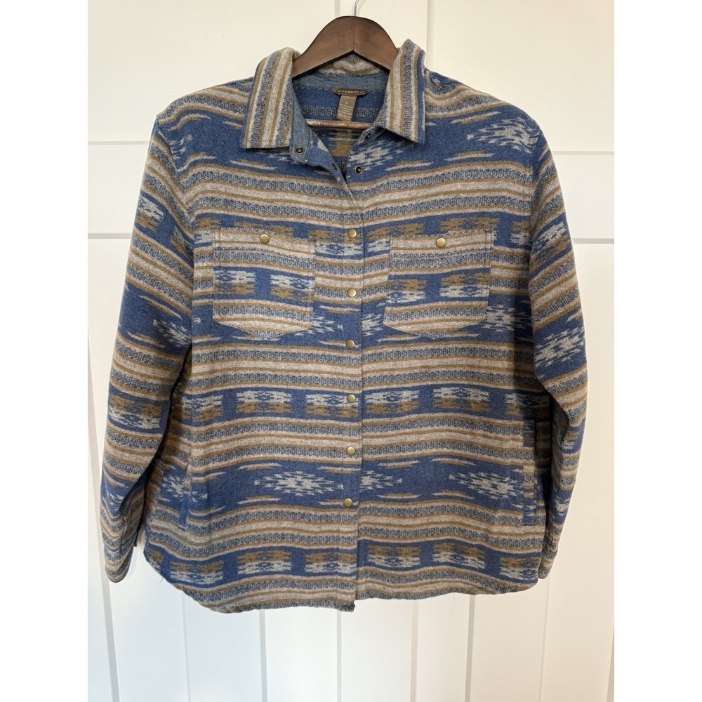 Bit & Bridle Southwestern Aztec Shirt Jacket Shacket Large Snap Front Blue Tan